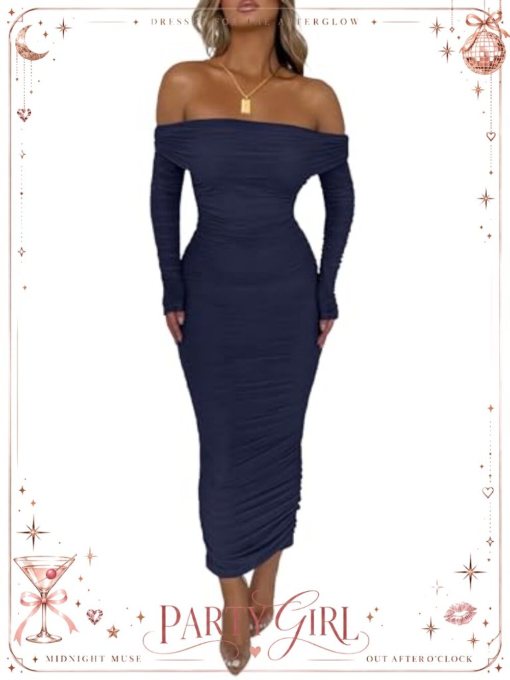 Off Shoulder Bodycon Maxi Dress Slit Back Long Sleeve Ruched Formal